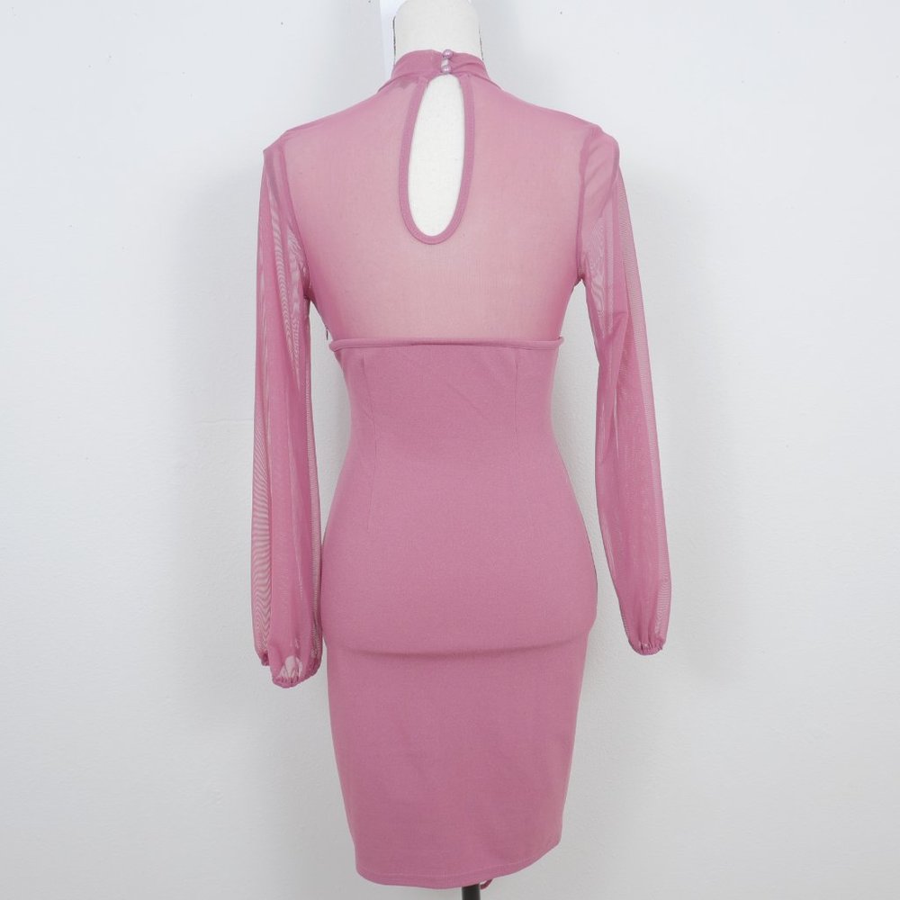Iris Mauve Pink Sheer Mock Neck Long Sleeve Corset Lace Up SZ S Sexy Y2K Dress - Picture 14 of 14